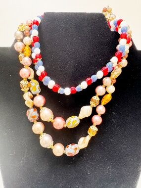 Boho Beaded Necklace Set 2pcs Red White Blue Pearl Glass Statement Jewelry